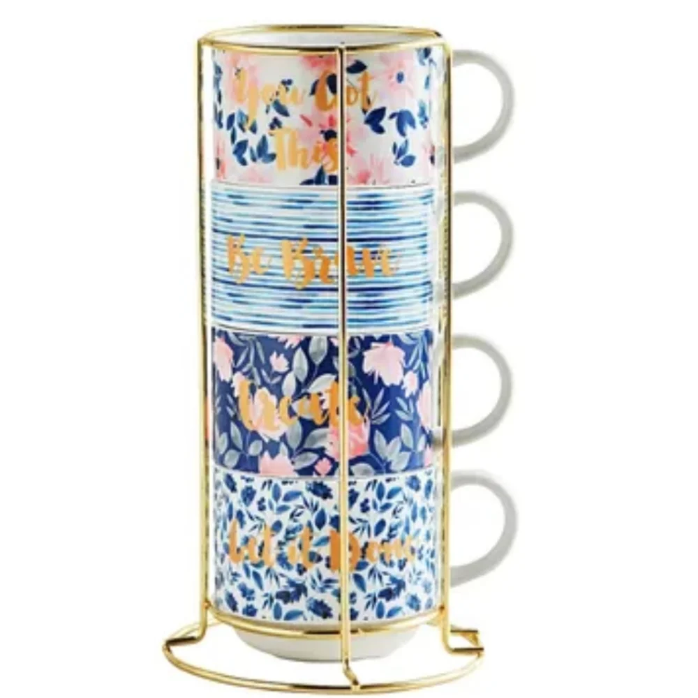 NWT Pier 1 Imports Floral Inspiration Mug Set – Motivational Stackable Design